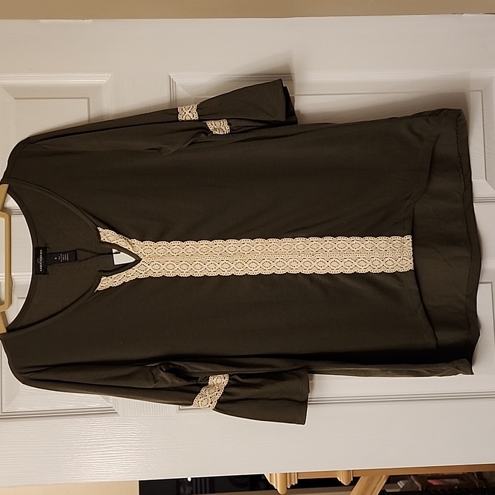 Karen Brooks:  dark green dressy shirt w lace